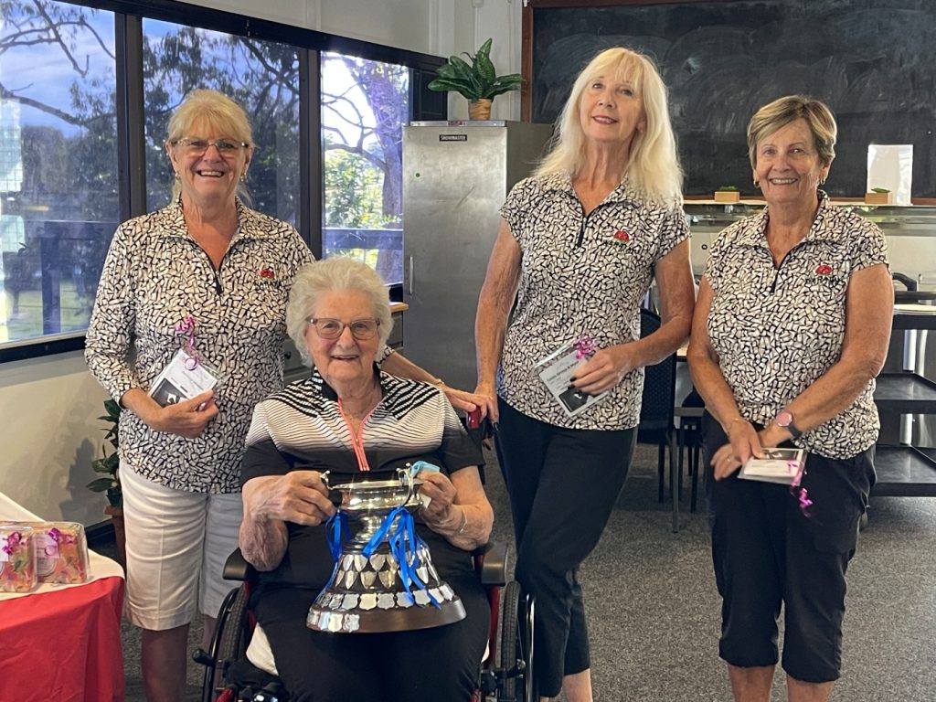 Beryl Tobin OAM presenting Frith Cup Trophy to winning team of Carol Tutt, Lynne Page, Christine Muddle, absent from photo Carolyn Solway.  